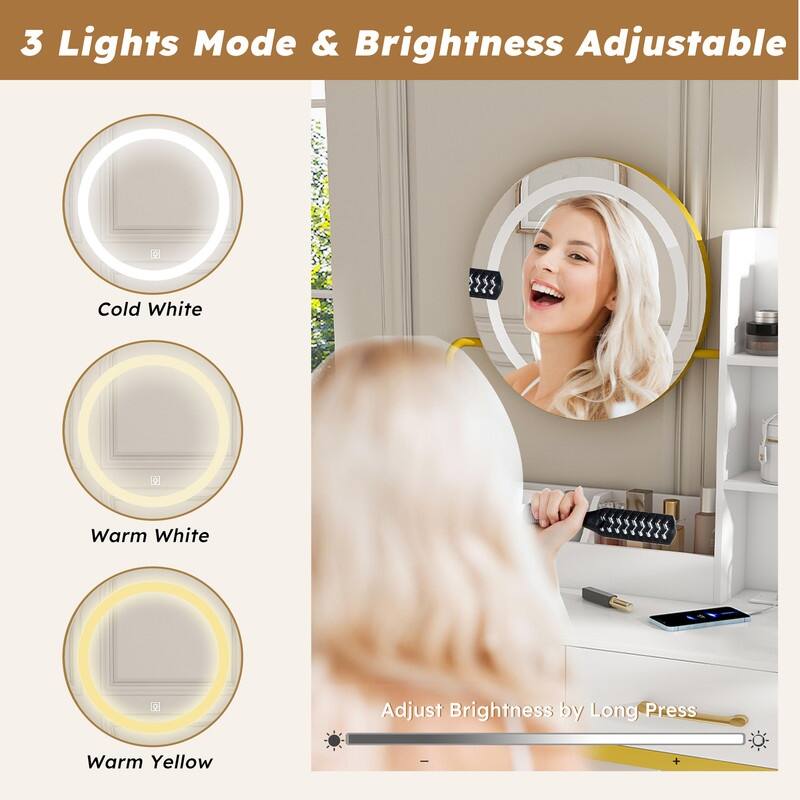 Vanity with LED lights and 3 colors and power outlet with mirror and stool
