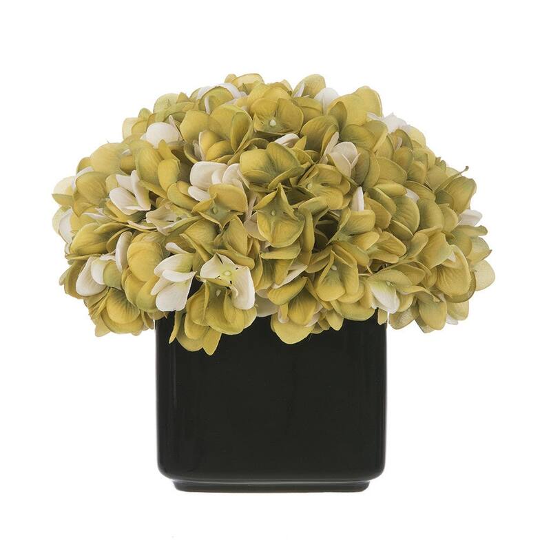 Faux Hydrangea in Small Black Cube Ceramic Vase