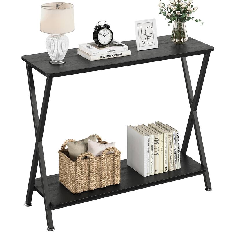 Farmhouse Console Table Barn Style with Shelf and Metal Frame