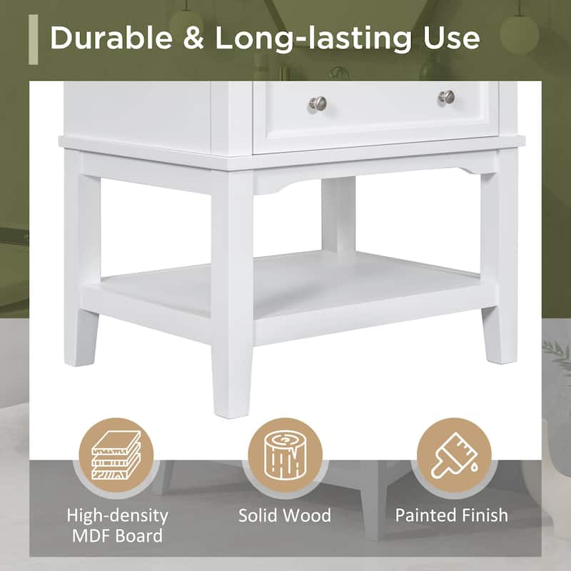 24" White Bathroom Vanity with Sink - Solid Wood, Storage Drawer, Open Shelf, Freestanding Modern Design
