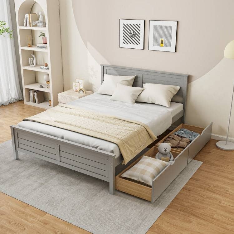 Full Size Platform Bed with 2 Storage Drawers Coastal Modern Wooden Slatted Frame
