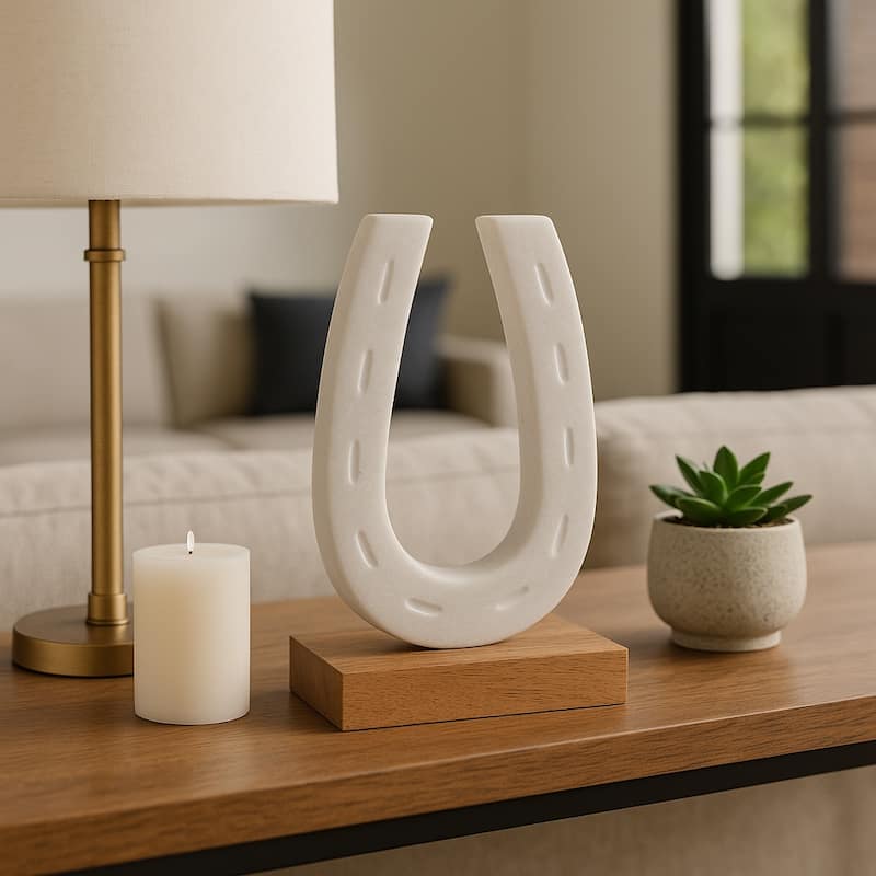 Marble Horseshoe Figurine with Wooden Base - 8", White & Brown - 8.25"