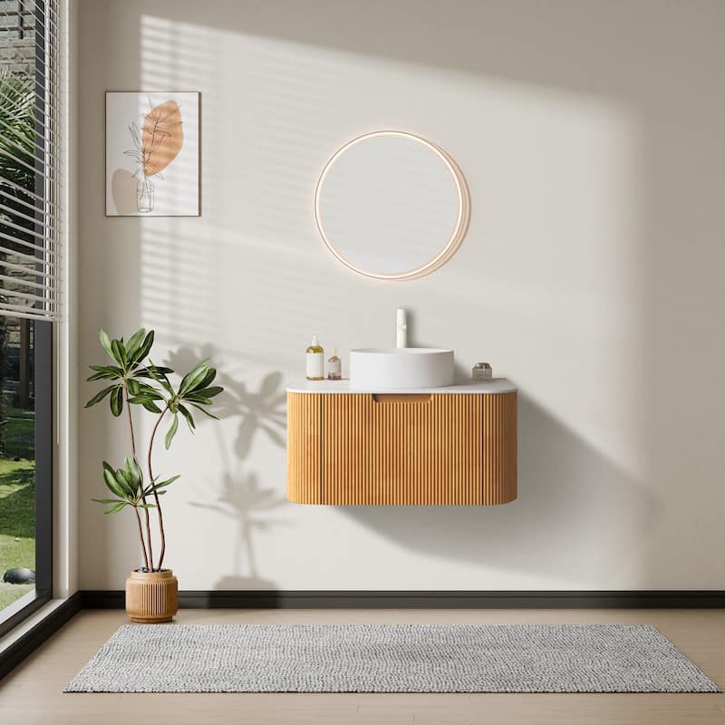 Walnut 24/30/36inch Bathroom Vanity with White Ceramic Vessel Sink, Wall Mounted Floating