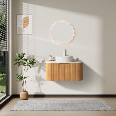 Walnut 24/30/36inch Bathroom Vanity with White Ceramic Vessel Sink, Wall Mounted Floating