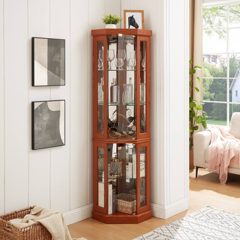 Lighted Corner Curio Cabinet - Display Case for Living Room, Antique Collectibles, Wine & Bar Glass Storage