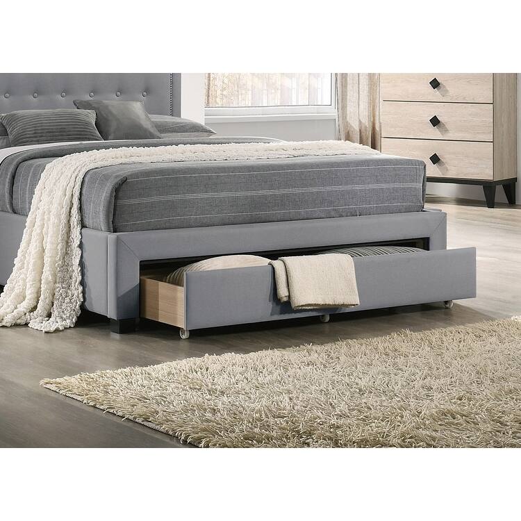 Light Grey Burlap Fabric Twin Size Bed with Drawer, Button Tufted Arch Headboard, Storage Bedframe