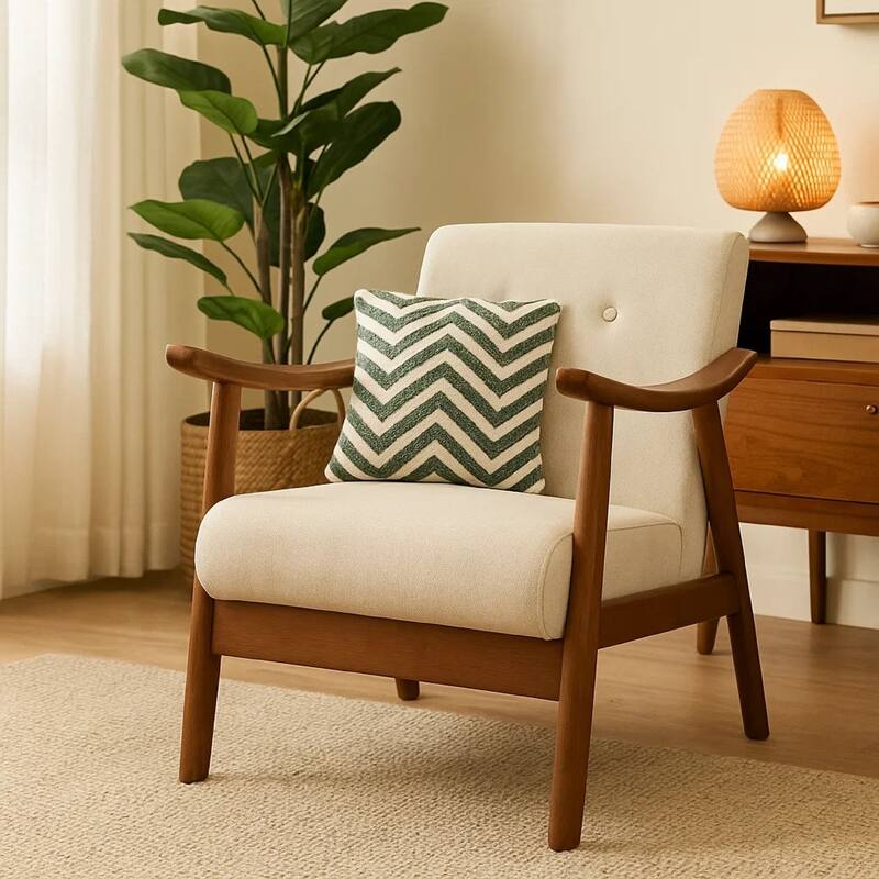 Accent Armchair, Soft Button Tufted Beige Fabric, Dark Brown Wood