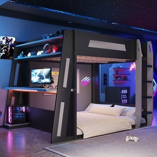 Queen Size Gaming Bunk Bed Gaming Loft Bed with Built-In Gaming Station ...