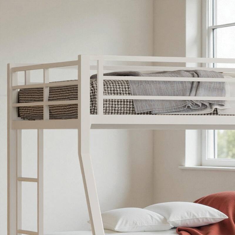 Full Size Metal Bunk Bed with Ladder and Rolling Trundle, Square Tube Frame, Heavy-Duty Triple-Sleeper for Home or Dorm