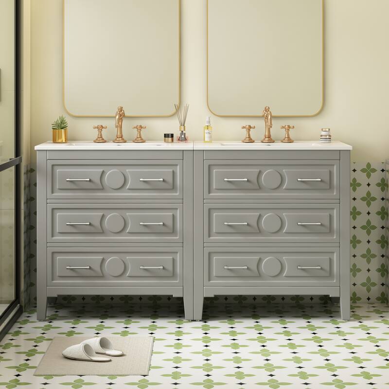 60'' Bathroom Vanity With Ceramic Sink Combo,Free Standing Single Vanity Set With 3 Drawers,Solid Wood Frame Storage Cabinet