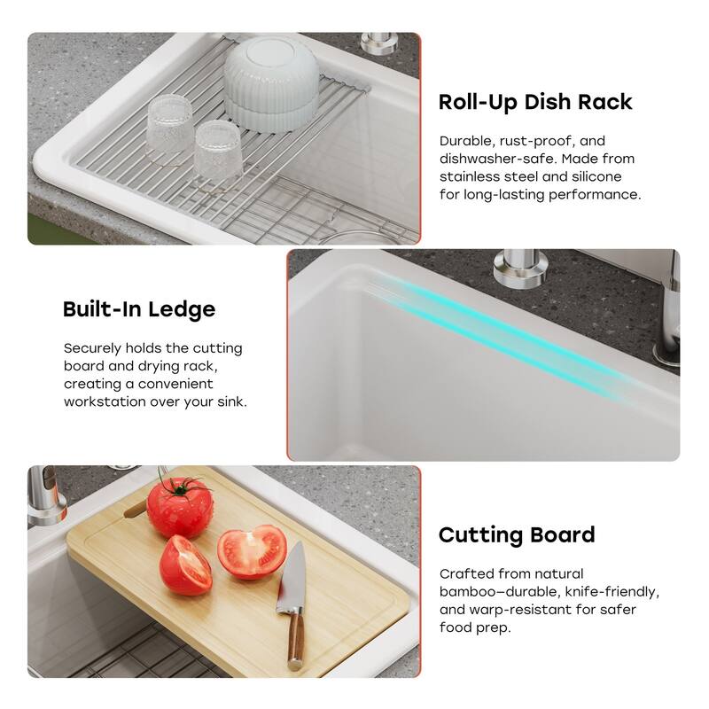 HOROW 30 in. Drop-In White Ceramic Kitchen Sink with Standard and Bottom Grid, Drain Assembly, Cutting Board