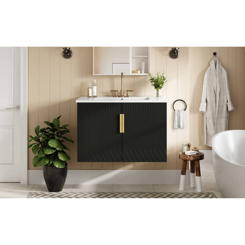 Wall-Mounted Bathroom Vanity with Ceramic Sink, Floating Bathroom Storage Cabinet, 30 Inch