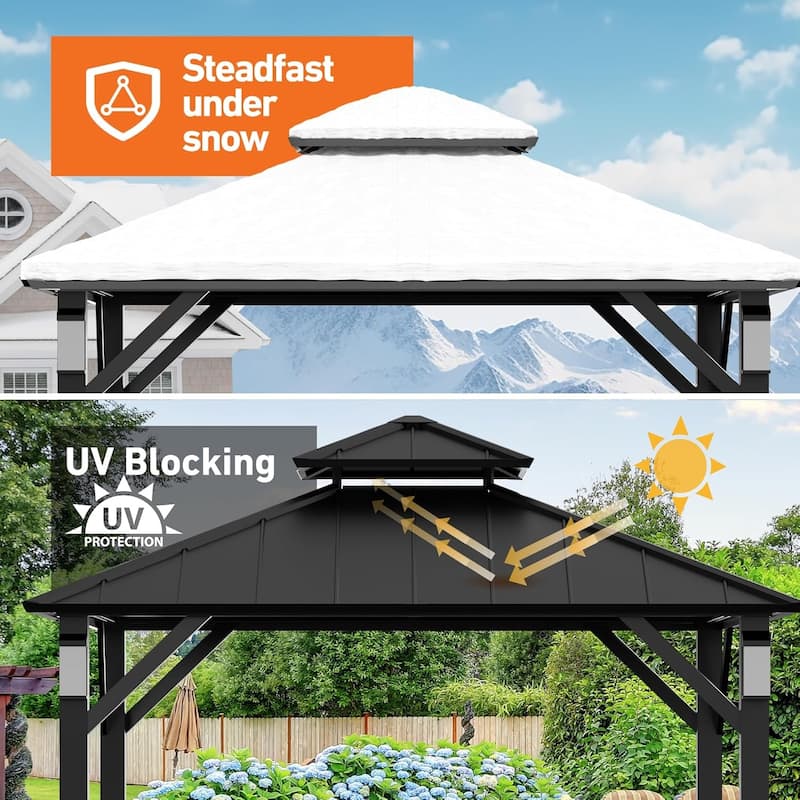 Hardtop Gazebo 10' x 10', Permanent Metal Gazebo with 4 LED Lights, Outdoor Pavilion with Galvanized Steel Roof for Backyard