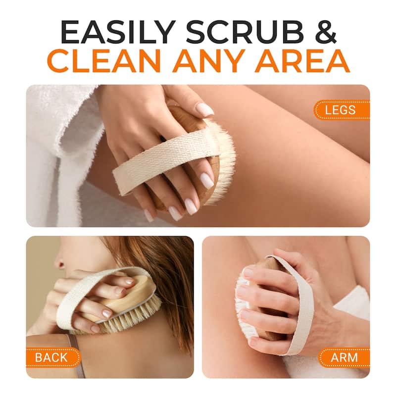 Cheer Collection Set of 2 Natural Bristle Body Brushes Round and Oval with Hand Strap for Wet or Dry Use