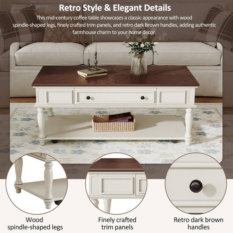 Farmhouse 47.2" Coffee Table with Drawer, Retro Design Easy Assembly and Movable Lockable Wheels for Living Room