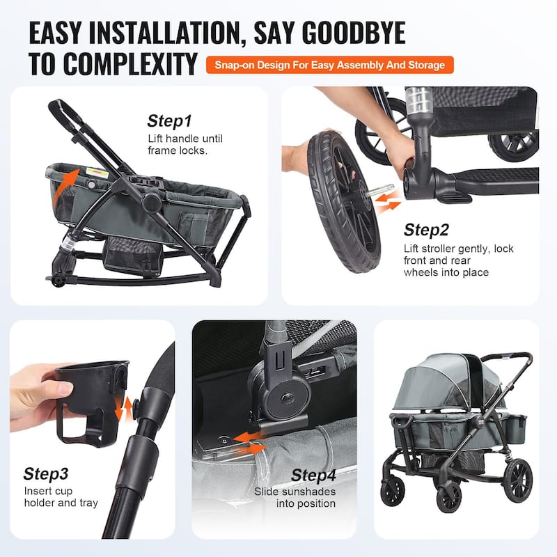 Carbon Steel All-Terrain Stroller Wagon Foldable Twin with Canopy and Tray - 47.2” L x 27.2” W x 42.1” H