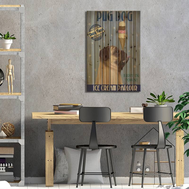 Pug, Fawn, Ice Cream Print On Wood by Fab Funky - Multi-Color