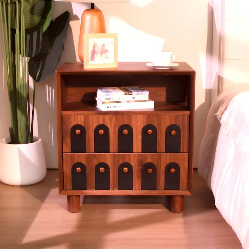 26" Tall Modern Nightstand with Charging Station, 23.75" Wide Wood Bedside Table /2 Storage Drawers - Walnut