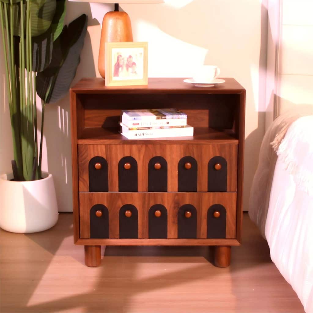 26" Tall Modern Nightstand with Charging Station, 23.75" Wide Wood Bedside Table /2 Storage Drawers