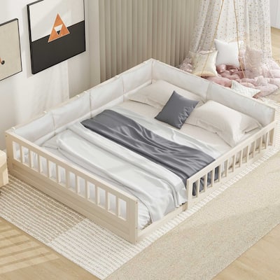 Nestfair Wood Full Size Upholstered Platform Bed with Guardrail and Pillow