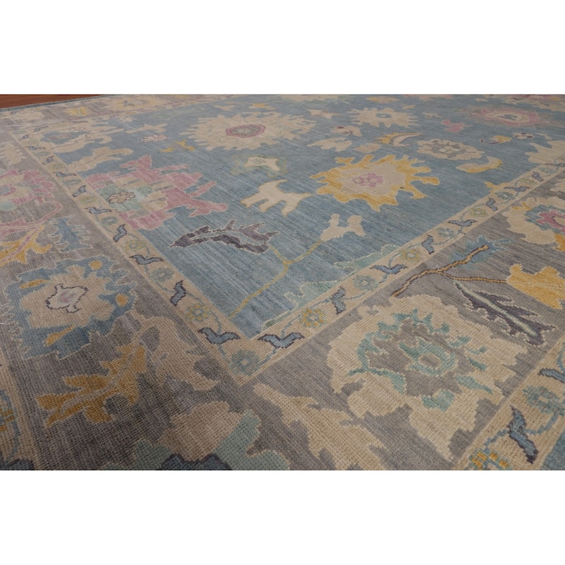 Blue Floral Oushak Turkish Area Rug Hand-Knotted Wool Carpet - 8'3"x 10'1"