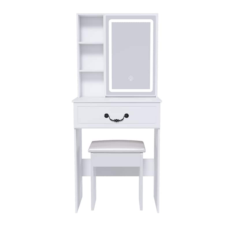 Modern Mini Dressing Table with LED-lit Mirror & Hidden Storage,Includes Padded Stool,Multi-tier Dust-proof Shelves