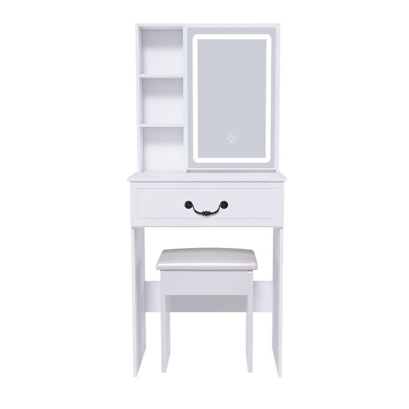 White Dressing Table with Padded Stool, Bedroom Makeup Vanity Desk with Adjustable LED Light Mirror