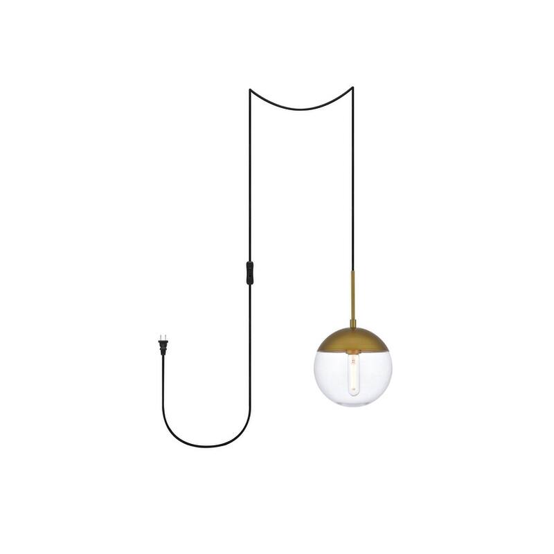 Elian 1-Light Plug in Pendant with frosted white shade - 8" Diameter - Brass and Clear Shade