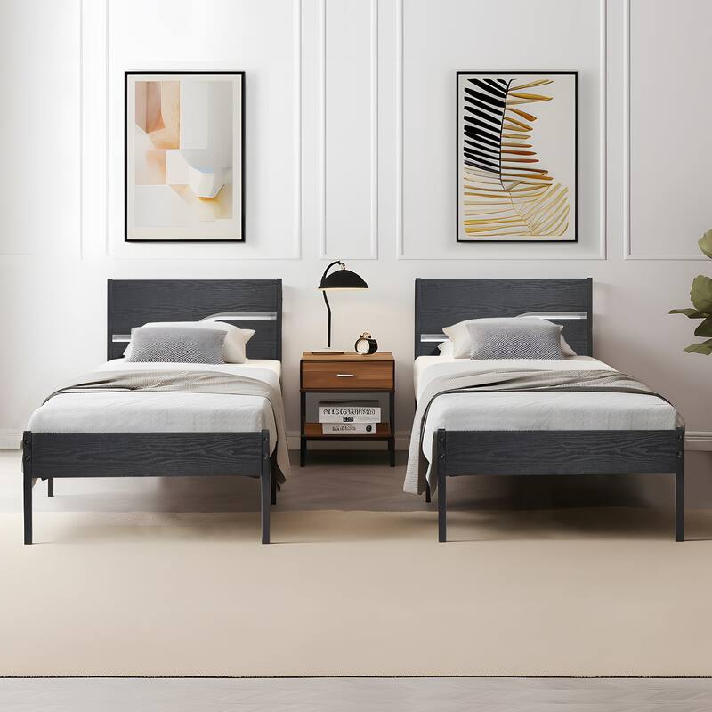 VECELO 2 Pack Twin Size Kids Bed Industrial Platform Bed Frame with MDF Curved Cutout Headboard Twin Size Bed Set of 2 - Black