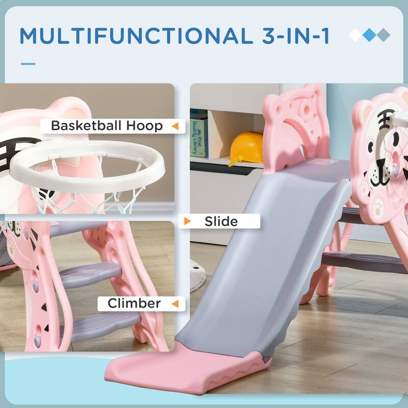 Kids Cartoon Pattern PE Indoor Slide with Basketball Hoop and Climber for Ages 18-36 Months - 52.25" L x 23.5" W x 27.5" H
