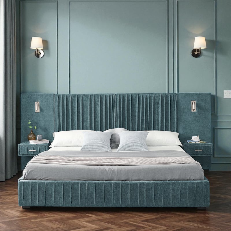Queen Upholstered Platform Bed with Pleated Chenille Headboard, Built-in Bedside Table & Adjustable Lamps, No Box Spring - Blue Green - Queen