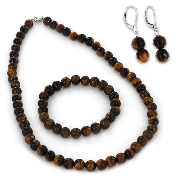 Sterling Silver Tiger's Eye Bracelet Earring and Necklace Set