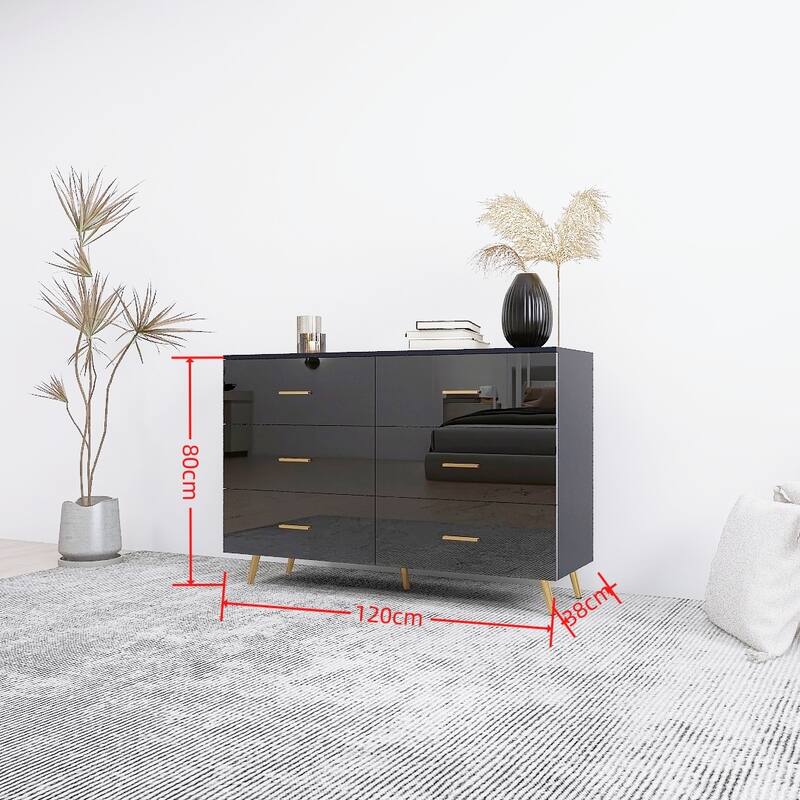 High Gloss 6-Drawer Chest with Golden Handles & Steel Legs, Large Modern Dresser with Anti-Tip Design for Bedroom, Black