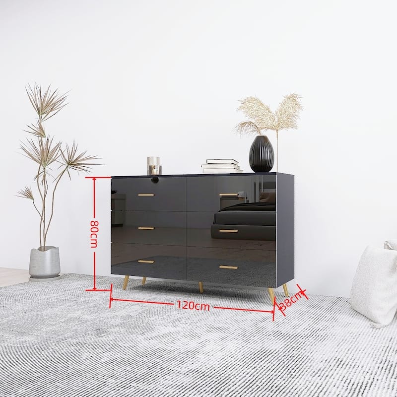High Glossy Double Dresser with 6 Storage Drawers for Bedroom, Chest of Drawer Vanity with Golden Handle Legs
