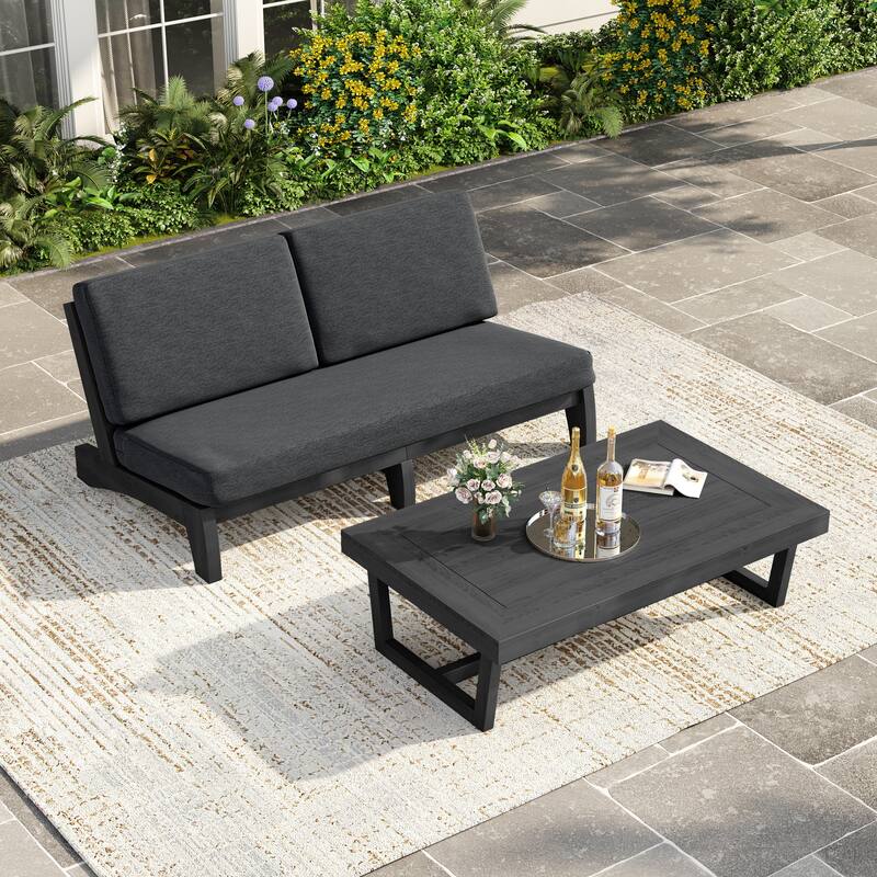 3 Seat Wood 64" W Cushioned Outdoor Patio Sofa with Coffee Table - Dark Wood - Dark Grey