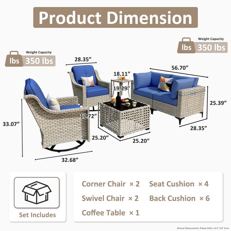 OVIOS 6 Pieces Outdoor Wicker Swivel Chair Set With Solar-Powered Coffee Table