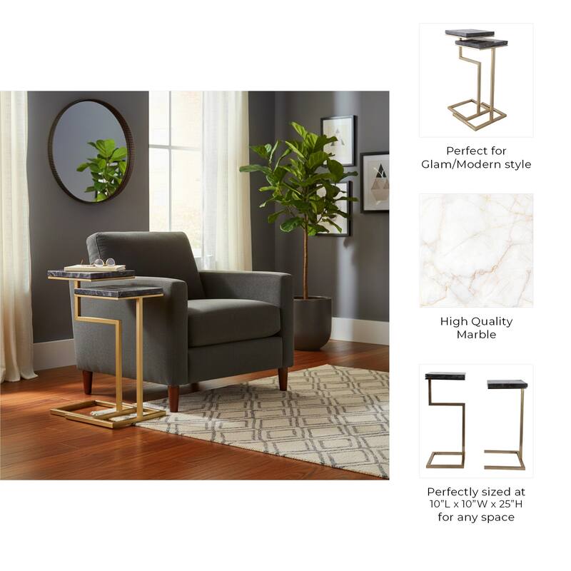 Quartz Accent Table - C-Framed Shape - Set of 2, 23", 25" Black & Gold - 25.0"
