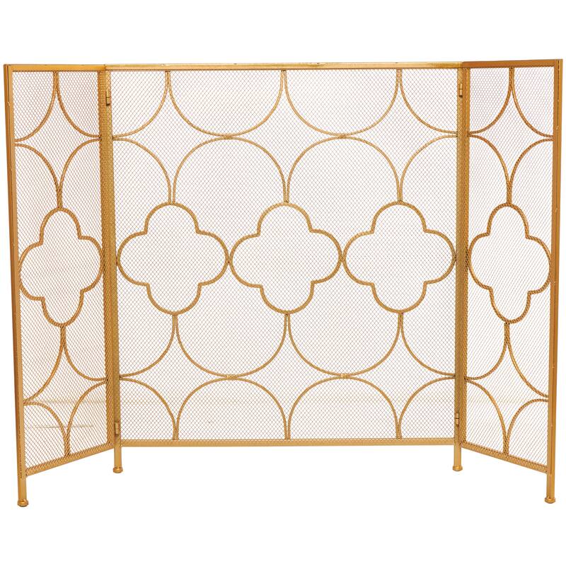 Metal Geometric Foldable Mesh Netting 3 Panel Fireplace Screen with Quatrefoil Design - Gold - Roche River Decor