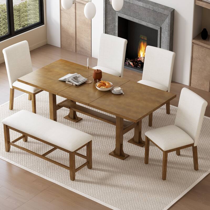 Farmhouse Style 6-Piece Extendable Dining Table Set with Removable Leaf and 4 Upholstered Chair and Bench - Dark Brown