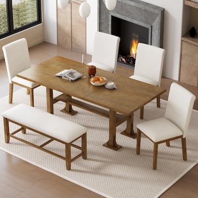 Farmhouse Style 6-Piece Extendable Dining Table Set with Removable Leaf and 4 Upholstered Chair and Bench