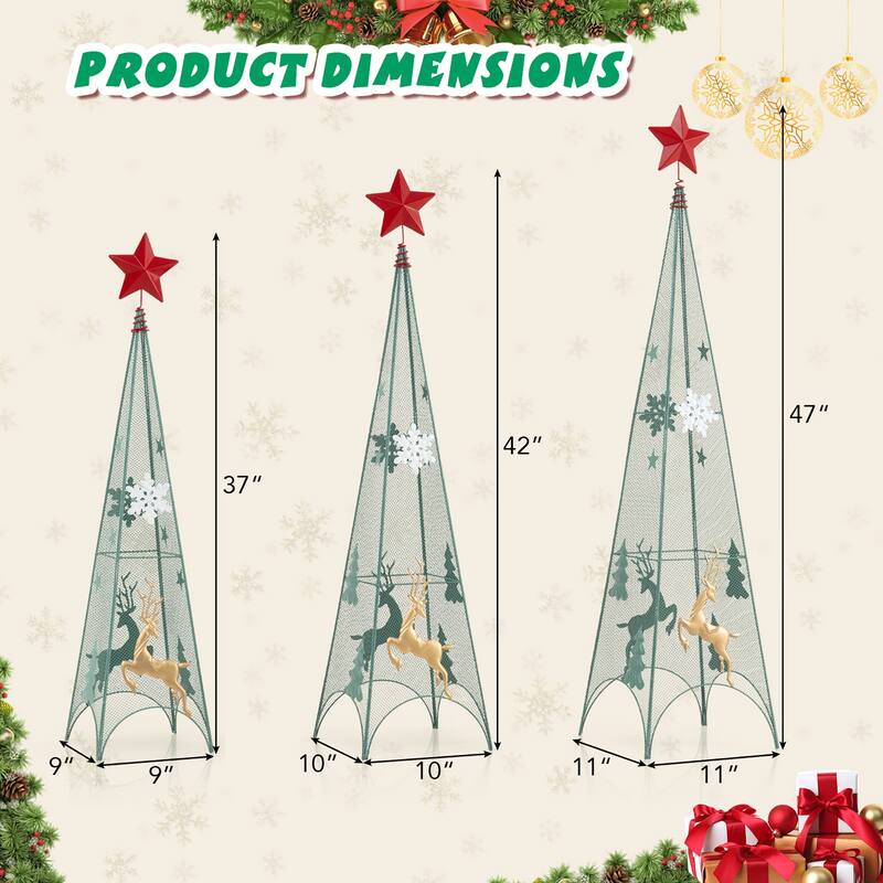 Gymax Set of 3 Tower Shaped Christmas Trees 3ft/3.5ft/4ft Artificial