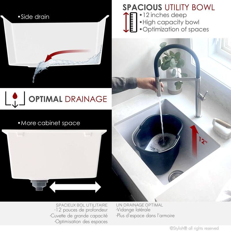 STYLISH 25 inch Single Bowl Dual Mount Composite Granite Utility Sink