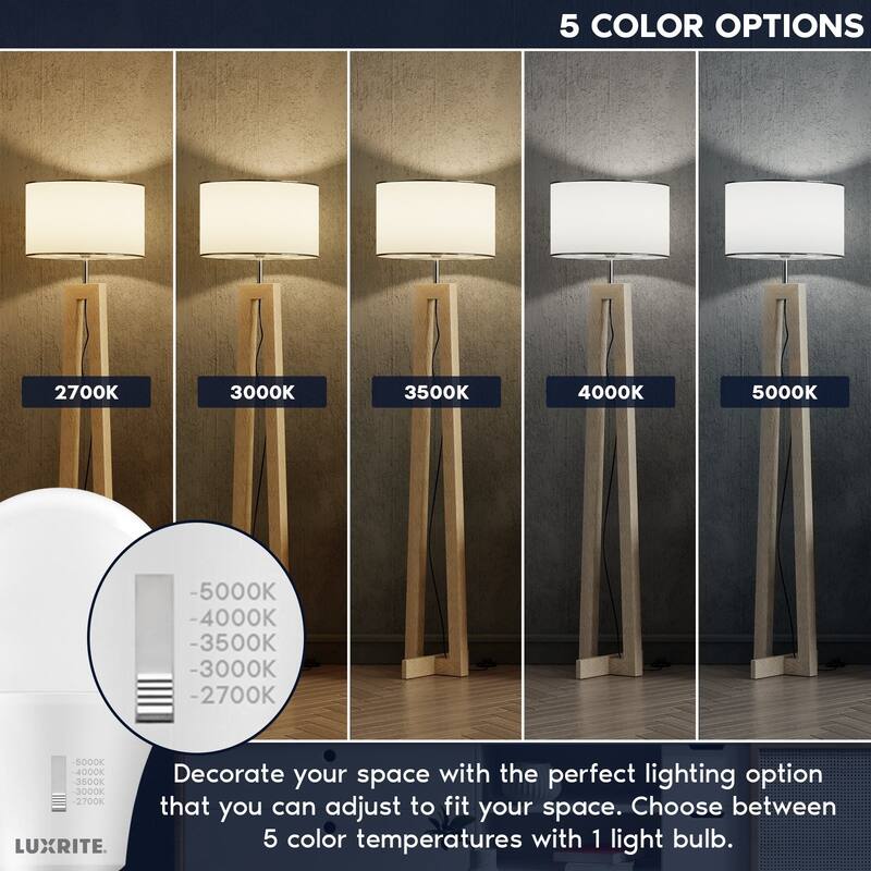 Luxrite A19 LED Light Bulb Dimmable 15W=100W CRI90 5CCT 1600 Lumens E26 Base Title CA20 ETL 48 Pack