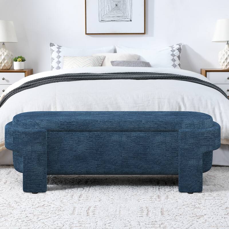 Oval Storage Bench Linen Upholstered Entryway Bench Ottoman Bench - Dark Blue