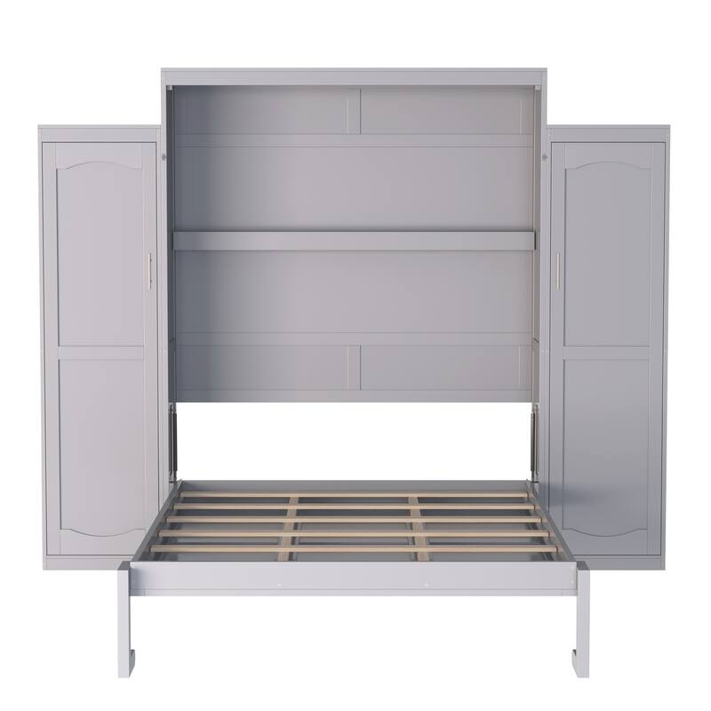 Space-Saving Queen Murphy Bed with Dual Wardrobes & Storage Shelf, Foldable Platform Bedframe for Guest Room or Bedroom, Gray