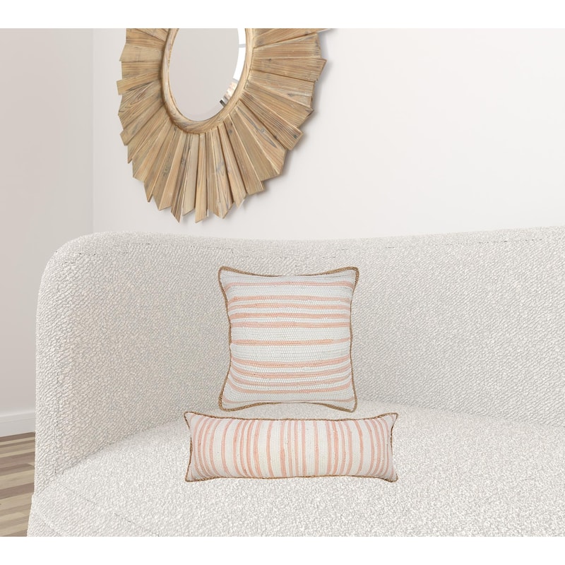 HomeRoots 20" X 20" Coral Pink White And Tan 100% Cotton Striped Zippered Pillow
