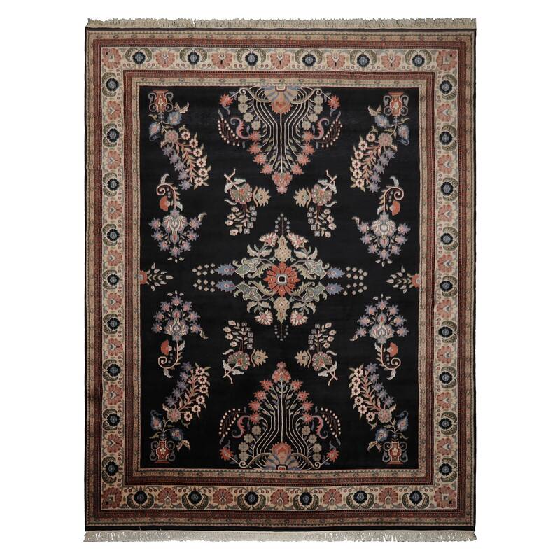 9x12 Hand Knotted New Zewland Wool Black Sarouk Plush Pile Area Rug - 9' x 12' - 9'  x 12'