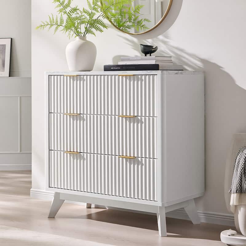 Modern fluted 3 Chest of Drawers, Dresser for Bedroom, Living Room - White