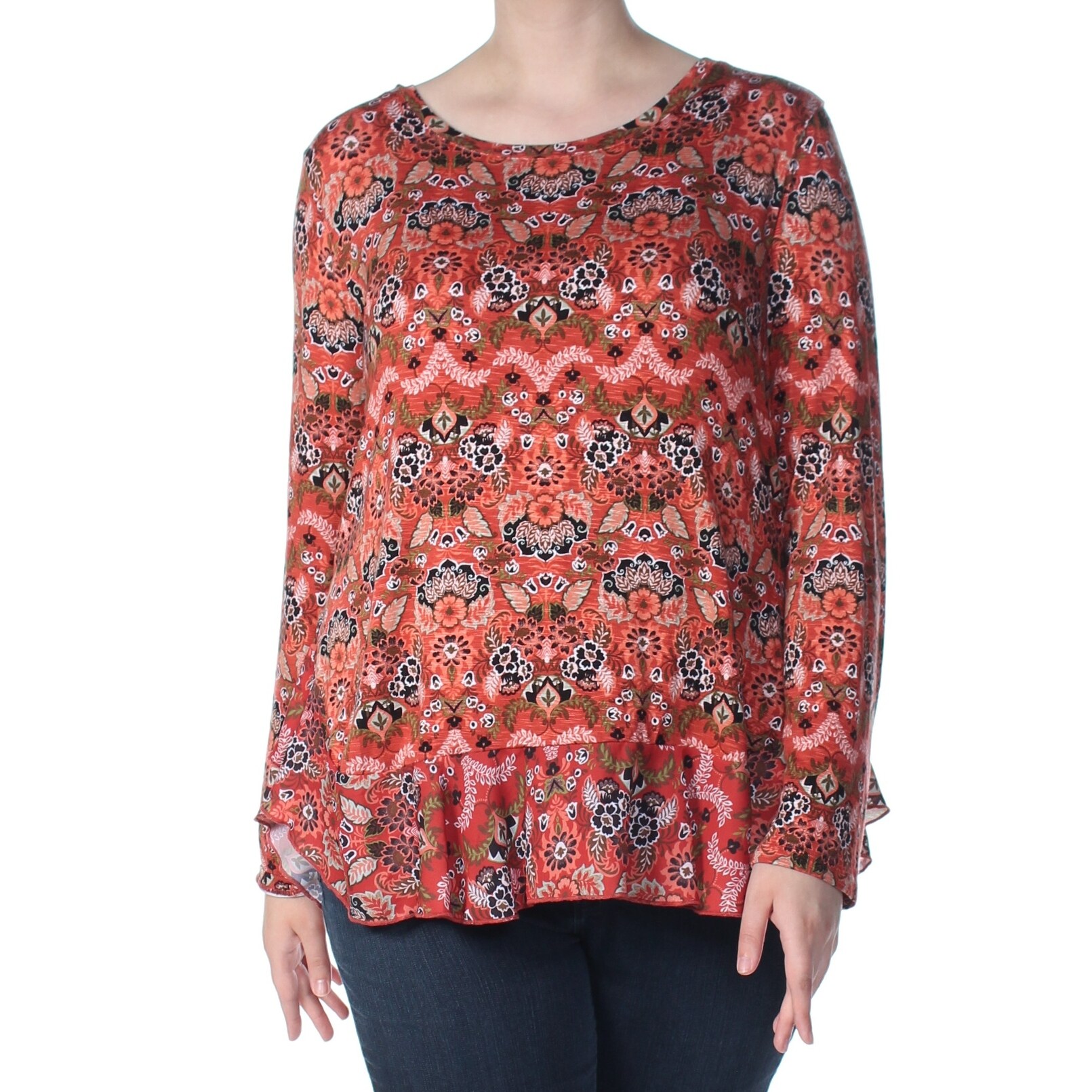 Shop Fever Womens Orange Floral Long Sleeve Jewel Neck Sweater