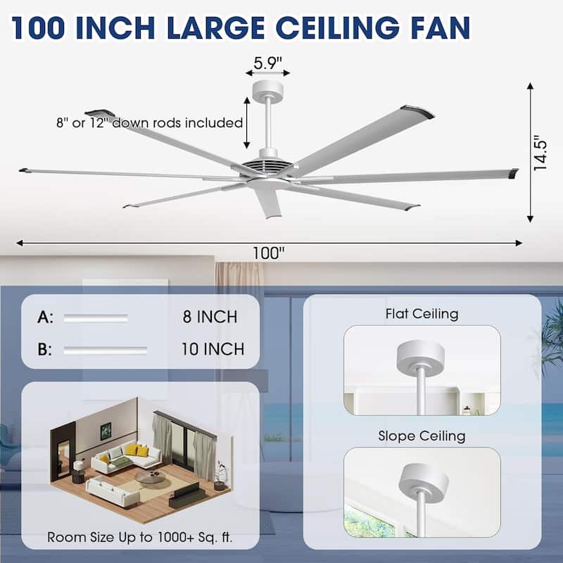 Ceiling Fan Modern 100" Industrial 7-Blade Silver Metal